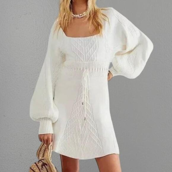 Free People Emmaline White Sweater Cable Knit Dress with Balloon Sleeves - Picture 1 of 4